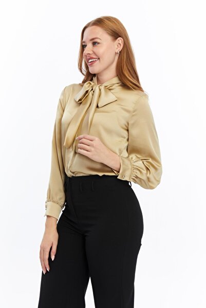 Appleline Σατέν Γυναικείο Πουκάμισο - Φιόγκος Λεπτομερές, ΧΡΥΣΟ