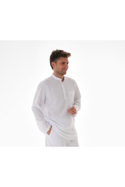 BESEDU Hakim Collar Linen Shirt Half Button Hajj and Umrah