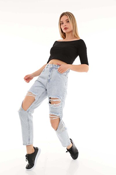 THE BARK Lazerli Taş Detaylı Kadın Mom Jean Pantolon 1037-794a Buz Mavisi