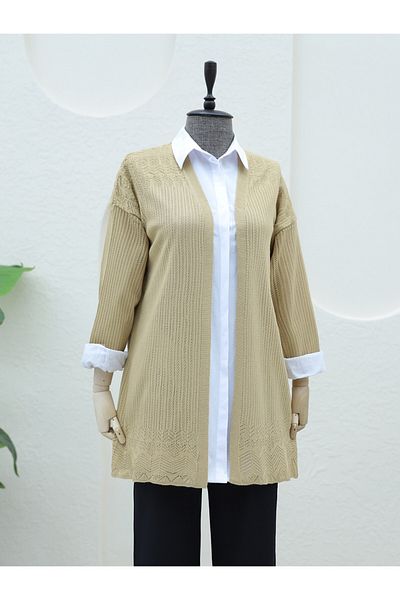Modamorfo Skirt Patterned Openwork Cardigan -Mink