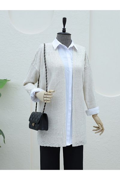Modamorfo Skirt Patterned Openwork Cardigan - Stone