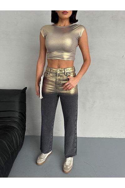 BPF Mom Jeans με λεπτομέρεια από φύλλο χρυσού ανθρακί