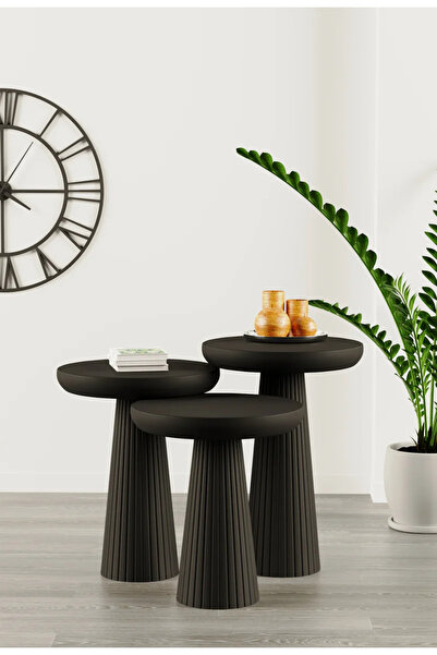 Simillo Home&Living Wooden Siyah Ahşap 3’lü Set Fitilli Mantar Yan Sehpa Mode...