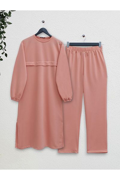 Modamorfo Round Neck Top Long Two Thread Combed Cotton Set -Yavruağzı