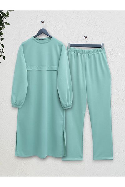 Modamorfo Round Neck Top Long Two Thread Combed Cotton Suit - Aqua Green