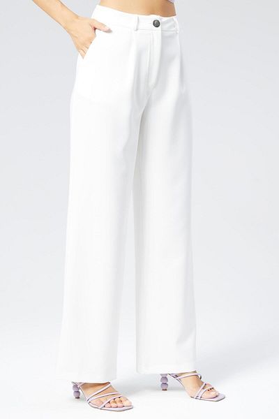 Appleline White Classic Fabric - Wide Leg and Pocket Women's Trousers