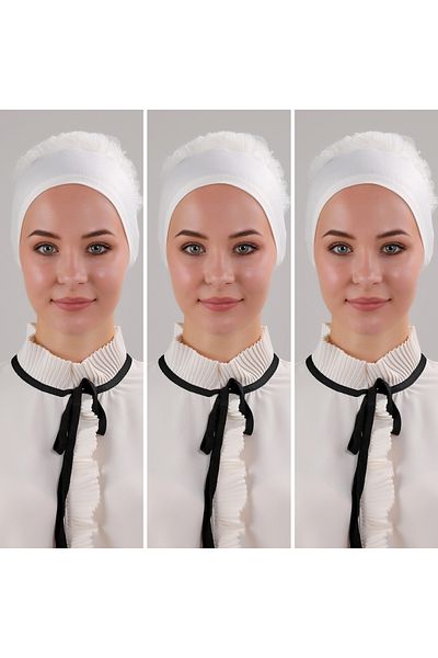 Melodi Scarf Ecru Color 3-Piece Hijab Ruffle Stitched Bonnet Set