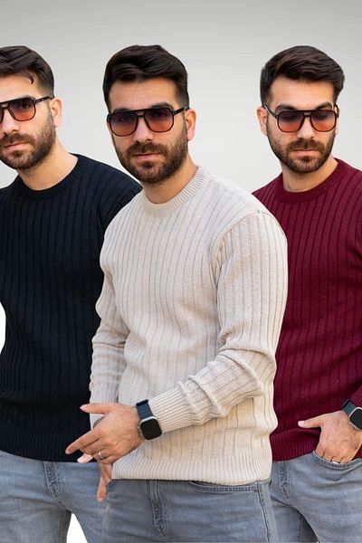 Know Ανδρικό μαύρο μπεζ μπορντό Selanik Crew Neck Πλεκτό Σετ πουλόβερ 3 τεμαχίων