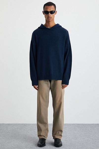 GRIMELANGE Gondor Men's Clean Surface Hooded Medium Thickness Knitwear Oversize Navy Blue Sweater
