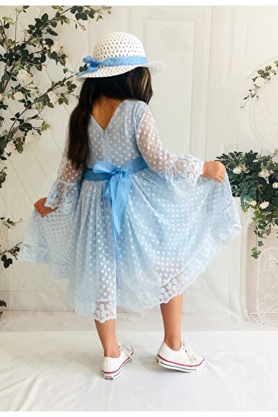 Mixie Rochie pentru fetiță model prințesă albastră cu șapcă și dantelă