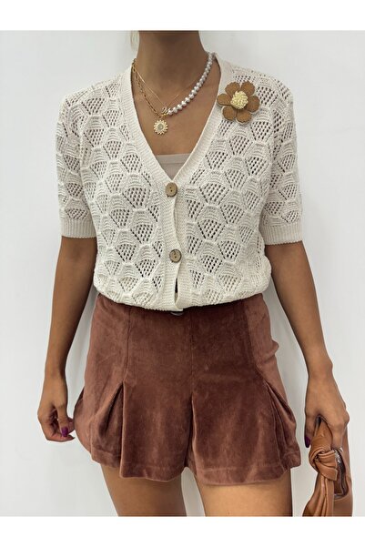 Modamorfo Openwork Knitwear Cardigan - Floral Rosette, Stone Color