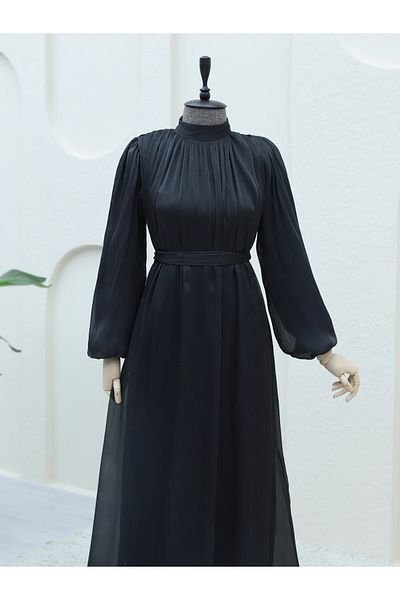 Modamorfo Schulterfreies, glitzerndes Ballonärmelkleid aus Stoff – Schwarz
