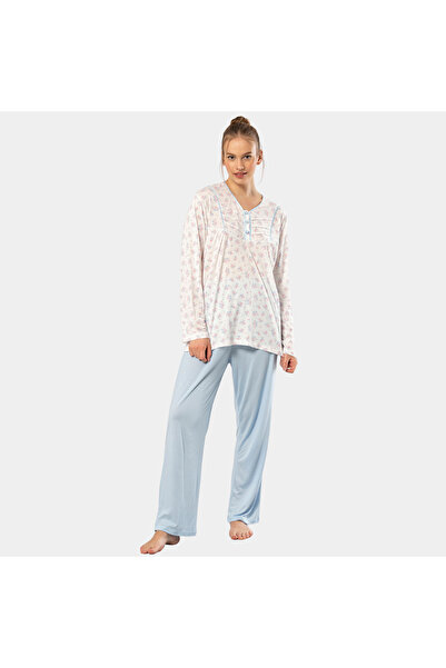 TÜREN Printed Placket Oversize Long Sleeve Pajama Suit 3366/Blue