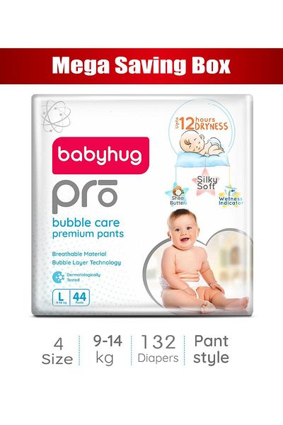 Babyhug Pro Bubble Care Premium Pant Style Diapers Large, Size 4 - 132 Pieces