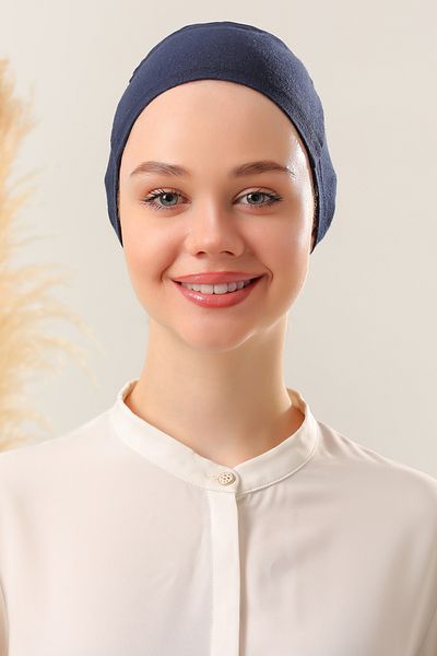 Melodi Scarf Women's Hijab Seamless Set Bonnet Navy Blue 5 Pcs Laced Combed Cotton Bonnet
