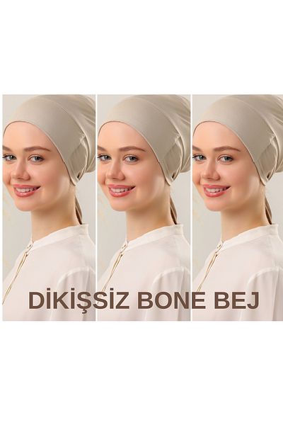 Melodi Scarf Women's Hijab Seamless Set Bonnet Beige 3Pcs Laced Combed Cotton Bonnet