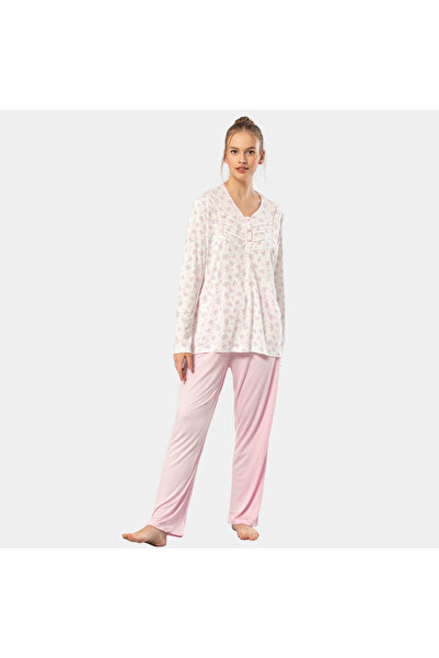 TÜREN Printed Placket Oversize Long Sleeve Pajama Suit 3366/Pink