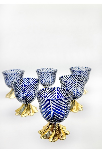 ÖzcamKristal Kesme Dekorlu Ayaklı Reçellik 6 Adet Lacivert Renkli - Şık ve Dayanıklı