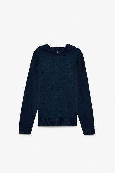 GRIMELANGE Gondor Men's Clean Surface Hooded Medium Thickness Knitwear Oversize Navy Blue Sweater