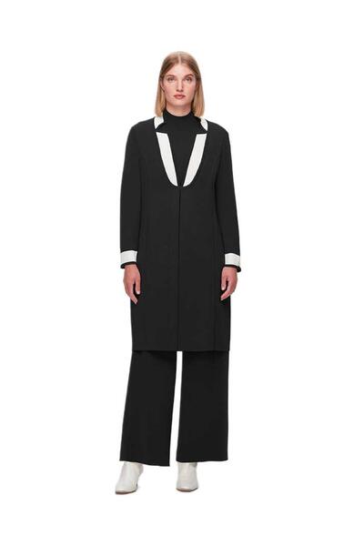 MISS DALIDA Cardigan lung cu guler negru cu detaliu cu agrafe T25K-9003