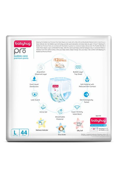 Babyhug Pro Bubble Care Premium Pant Style Diapers Large, Size 4 - 132 Pieces