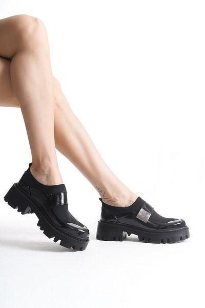 Moda Değirmeni Pantofi casual pentru femei, crocodil negru, cu centură din material pentru scufundări, cu talpă groasă BG1095-115-0001
