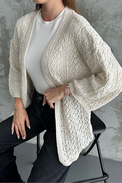 macharelbasic Cardigan ajurat sezonier crem cu mânecă scurtă pentru femei