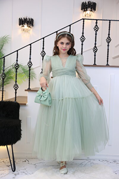 MİSS RAİN Tulle Evening Dress with Long Sheer Sleeves Wadded Beading Detail for Girls - Accessory