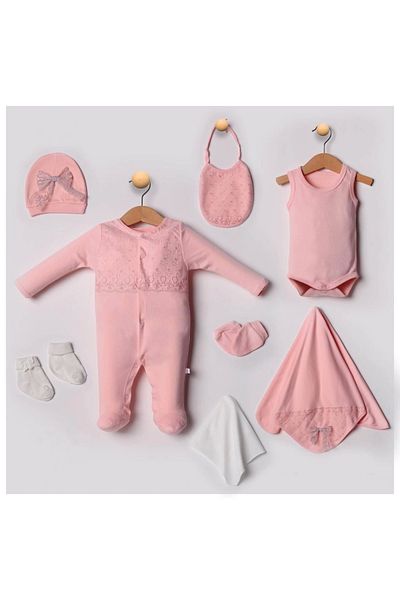 Babydonat طقم خروج من المستشفى مكون من 8 قطع من القطن بنسبة 100% مع وزرة مطرزة بالدانتيل