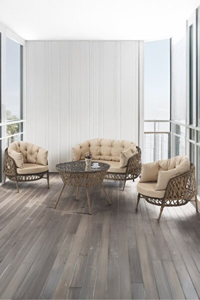 Canisa Viola Serisi 1. Sınıf Kahverengi Rattan Krem Minder Bahçe Takımı, Balkon Takımı