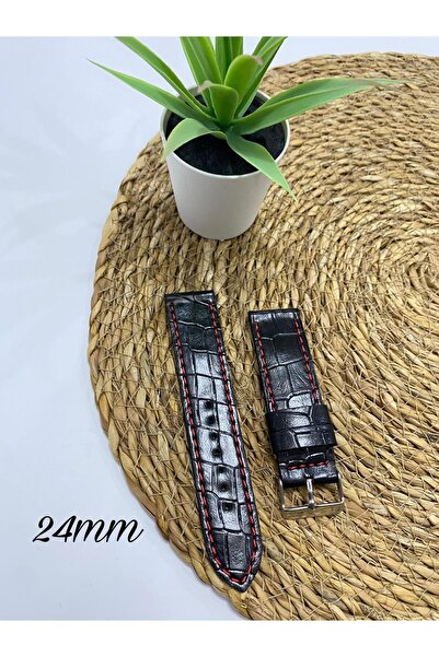 Prizma 24 mm Parlak Siyah Suni Deri Saat Kordonu. 18-20-22-24 ve 26mm Genişli...