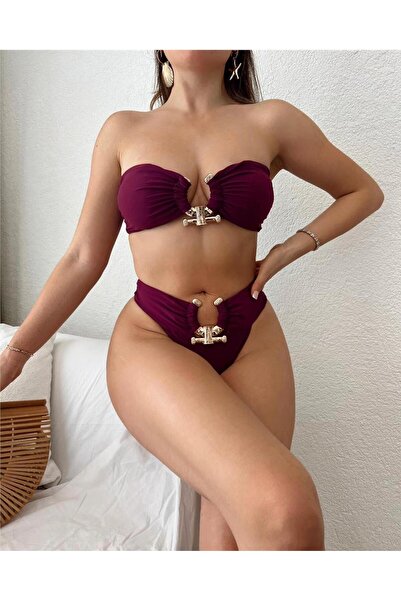 pink life Σετ μπικίνι - Γυναικείο μπικίνι με λεπτομέρεια από ιταλικό ύφασμα με αγκράφα - Βουργουνδία (M)