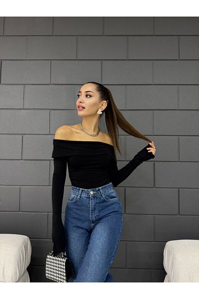 Fav Style Bluză neagră asimetrică cu mânecă lungă cu guler Madonna pentru femei