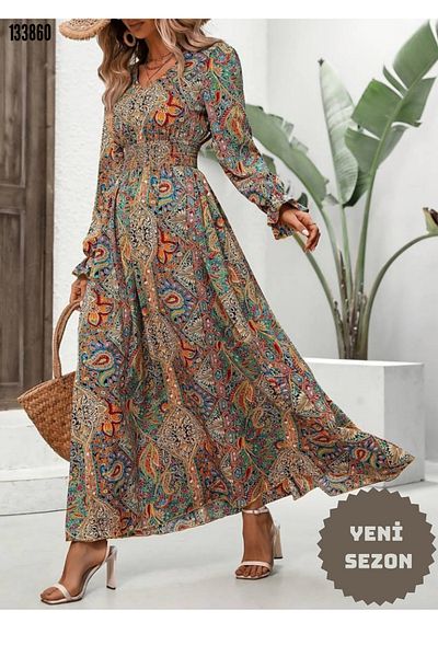 Viyamo Rochie lungă cu mânecă lungă, cu decolteu în V, cu model etnic elastic