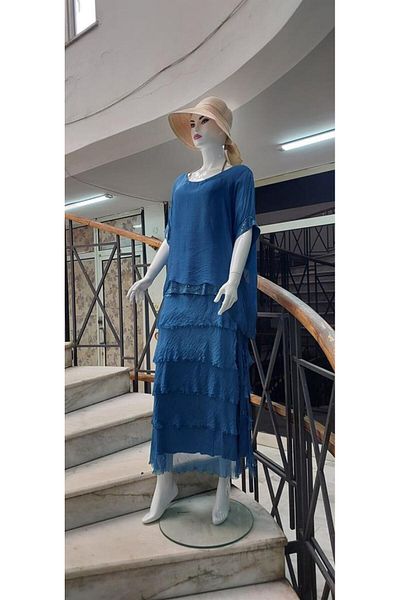 Bohem Stil Rochie din mătase cu jumătate de mânecă cu paiete, mărimea 2 italiană