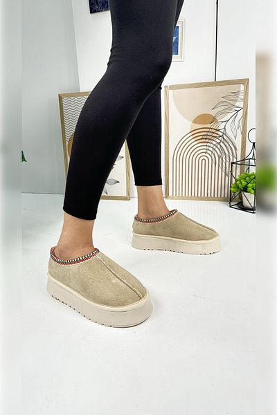 Allyup Bocanci de damă din piele intoarsa cu model bej cu talpa inalta groasa - U50 usor