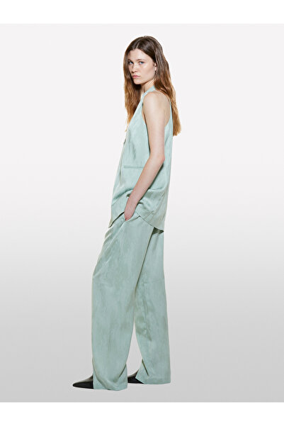 Sisley Women's Mint Green Viscous Liyosel Blended Ribbed Pocket Buttoned Long Vest