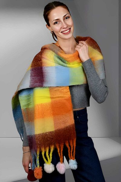 Uniquetrenders Eșarfă cu șal de umăr cu dungi groase, cu pompon texturat moale
