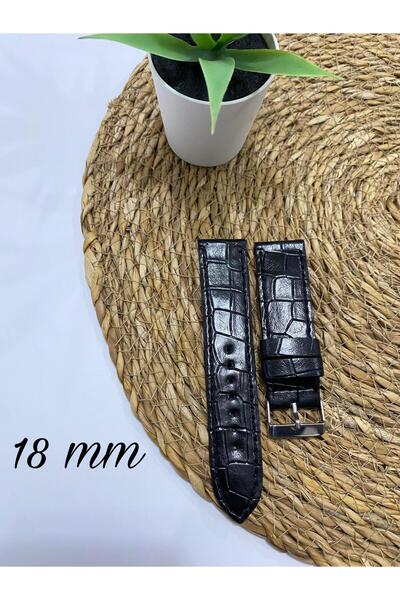 Prizma 18 mm Parlak Siyah Suni Deri Saat Kordonu. Siyah Dikiş.18-20-22-24 ve ...
