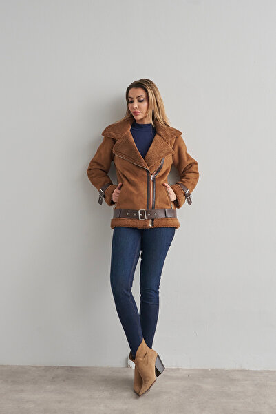 Rabia Çelik Kadın Kahverengi İçi Komple Kürklü Kemerli Süet Biker Mont