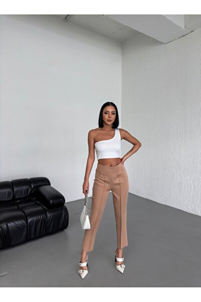 OUZ Fashion بنطال نسائي بخصر مطاطي وخياطة أمامية