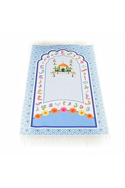 Asyabayrak Covor de rugăciune pentru copii Aksa Blue - 82×45 cm, 110 gr cu cadou mărgele de rugăciune