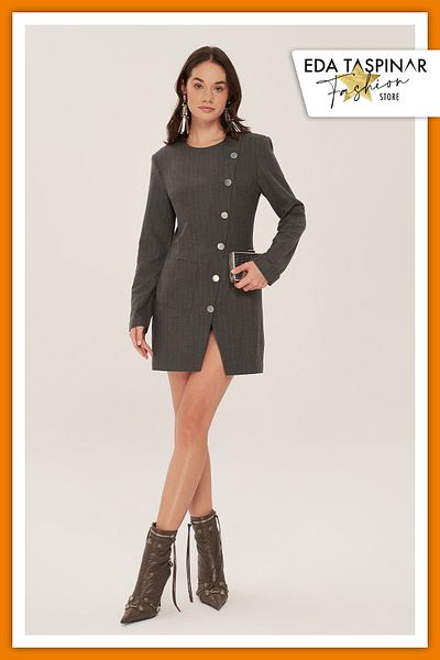 Eda Taşpınar Button Detailed Anthracite Mini Jacket Dress Teks-00060