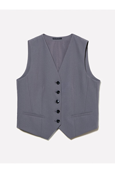 Sisley Women's Smoked Viscous Blended Front Buttoned Stripe Pocket V-Neck Vest