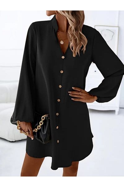 MODA Myterrax Women's Long Sleeve V Neck Front Button Short Sandy Dress