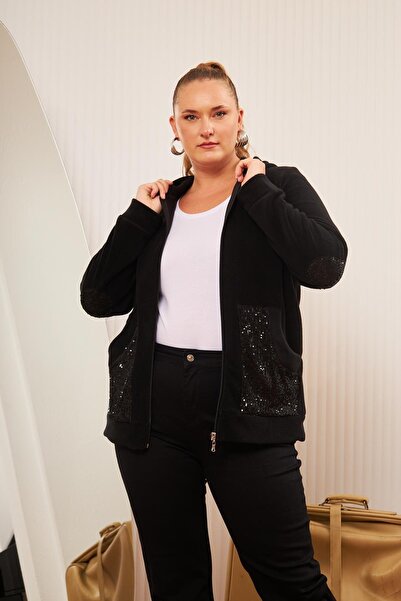 Genel Markalar KADIN SİYAH RMG KOL VE CEP PUL PAYET İŞLEMELİ FERMUARLI KAPŞONLU BÜYÜK BEDEN POLAR HIRKA