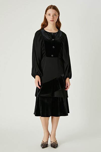 FEVER Kadife geçişli düğme detaylı elbise