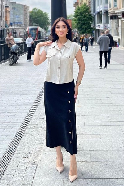 FEVER Yırtmaç detaylı keten etek