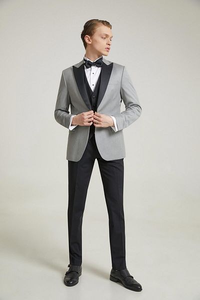 D'S Damat Gray Slim Fit Dobby Groom Suit and Tuxedo Vest