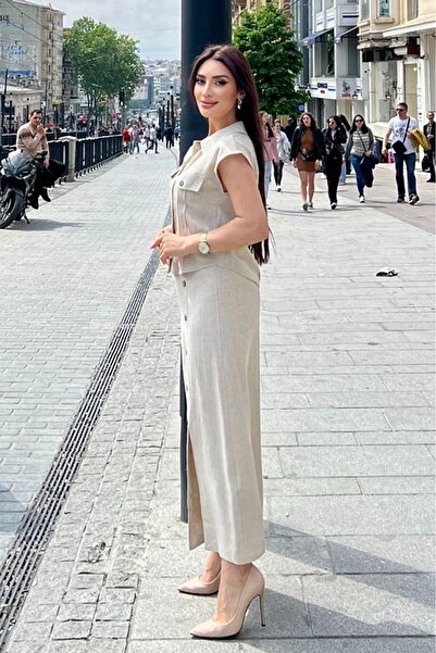 FEVER Yırtmaç detaylı keten etek